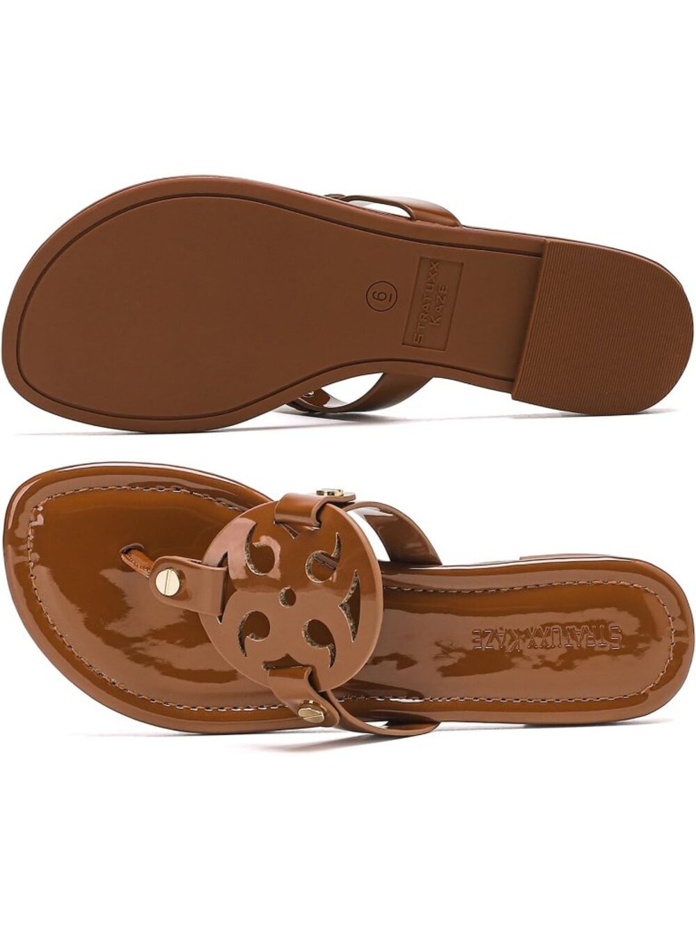 Women's Brown Faux Leather Memory Foam Beach Slides Comfy Flipflop Flat Sandals - Picture 6 of 7